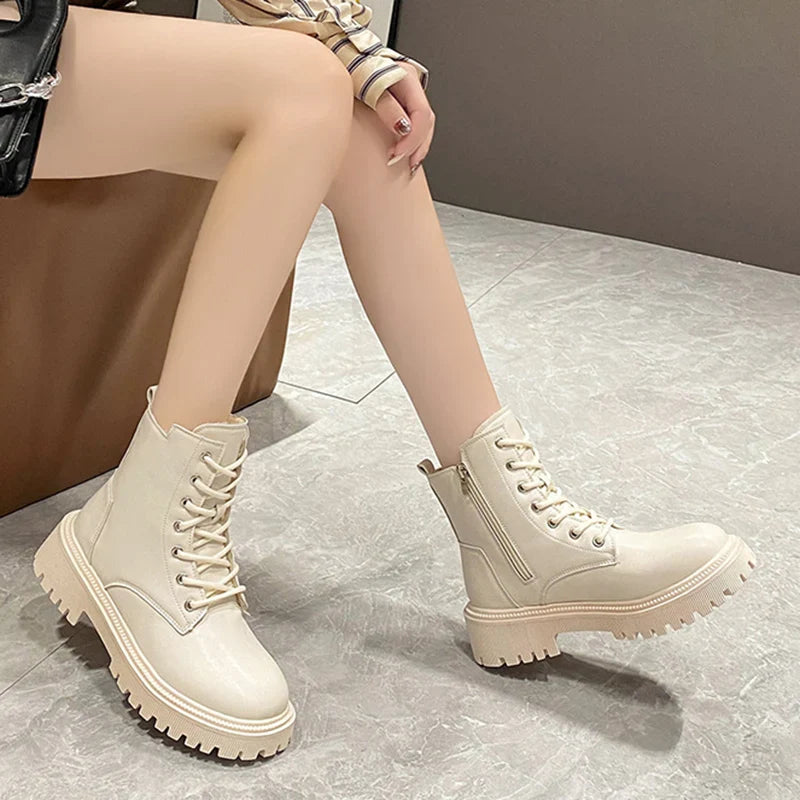 Xajzpa Chunky Heels Lace Up Combat Boots Women Winter Warm Short Plush Ankle Boots Woman Platform Non-Slip PU Leather Short Botas Mujer
