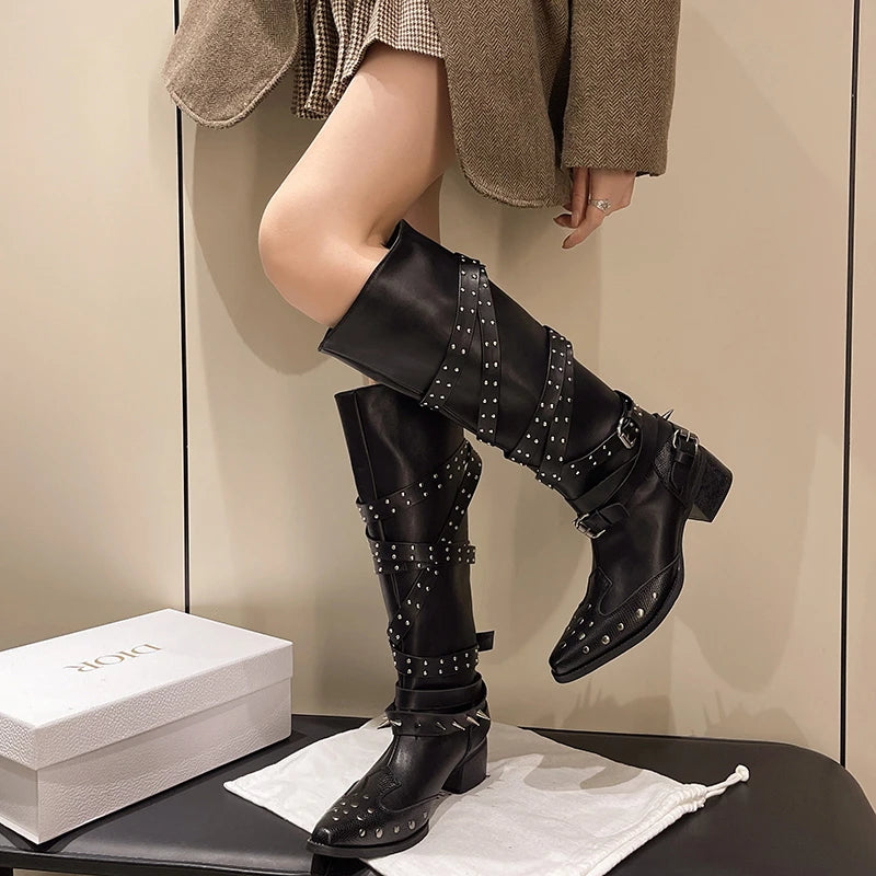 Xajzpa New Style Fashion Women's Designer Vintage Rivet Women Western Cowgirl Boots Autumn Winter Ladies Elegant Knight Long Boots