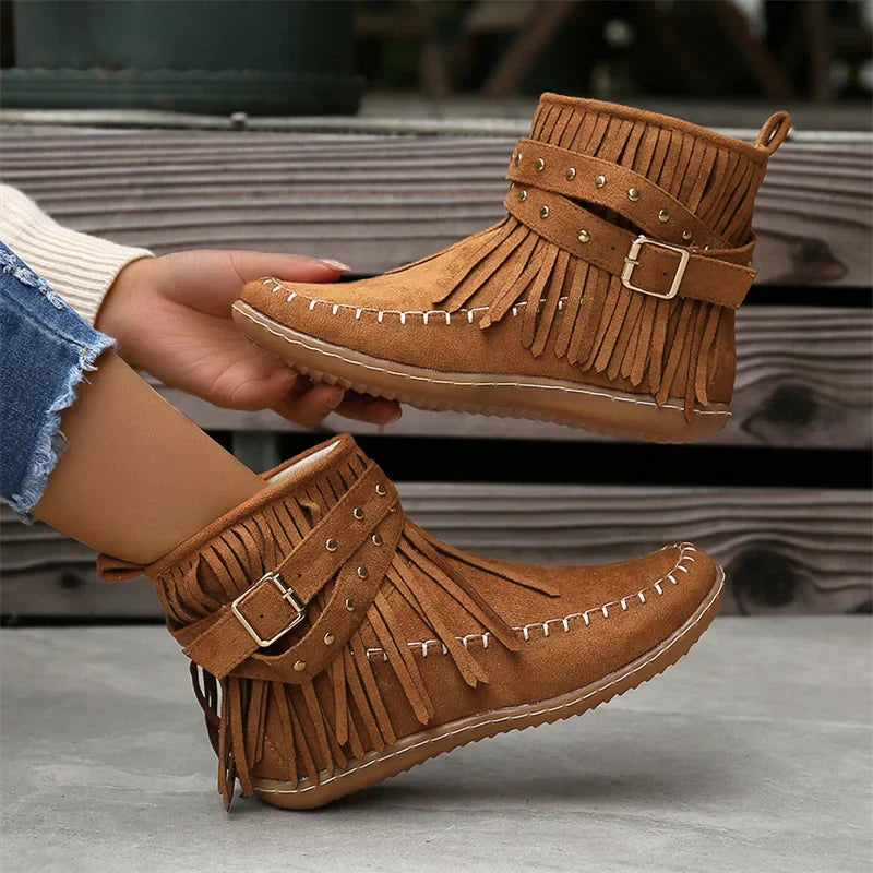 Xajzpa  Botines Autumn Flat Heel Ankle Boots Retro Suede Tassel Women Boots Fashion Round Toe Soft Sole Short Boots Casual Women Shoes