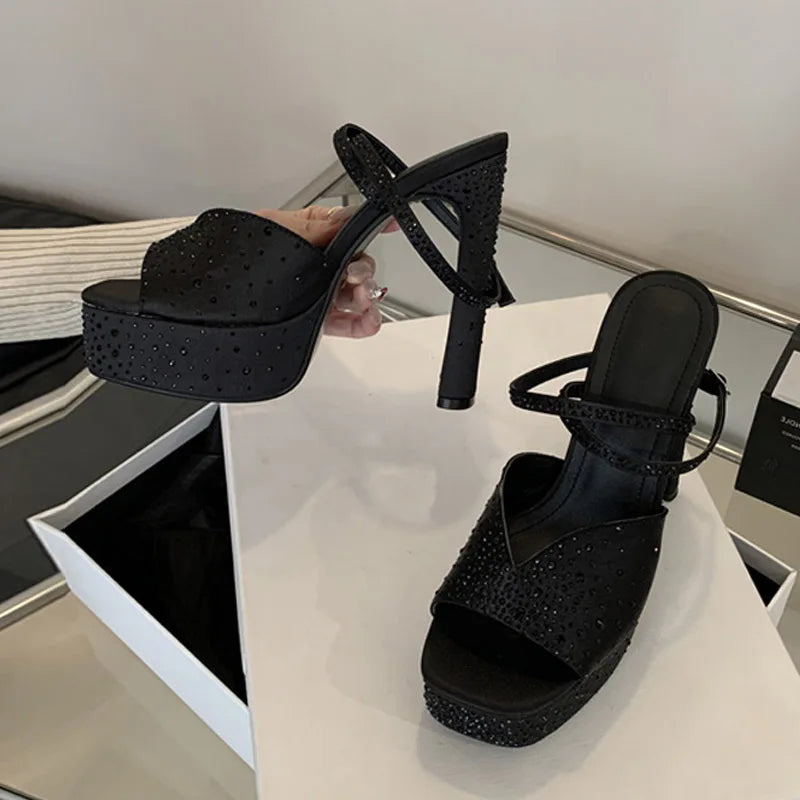 Xajzpa  Fashion Rhinestone High Heels Women Sexy Sandals Crystal Silk Ankle Strap Female Square Toe Chunky Platform Shoes Black