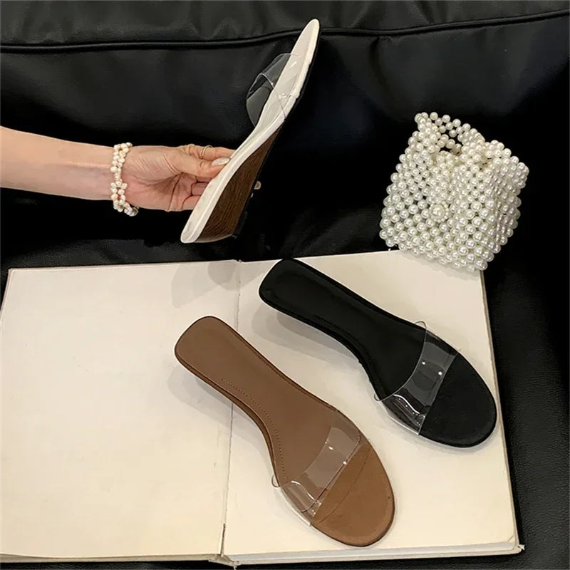 Xajzpa New Summer PVC Transparent Wedges Open Toe Women Slippers Low Heels Banquet Dress Beach Female Shoes