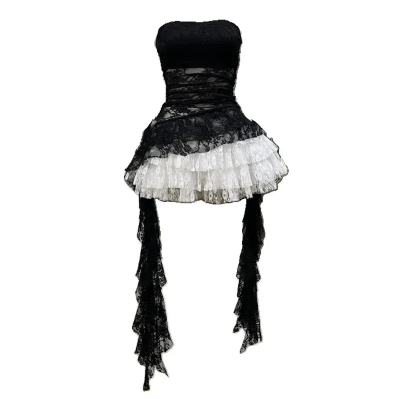 Xajzpa Fashion Two Piece Set Irregular Lace Top + High Waisted Fluffy Skirt Solid Color Female Elegant Birthday Dress New