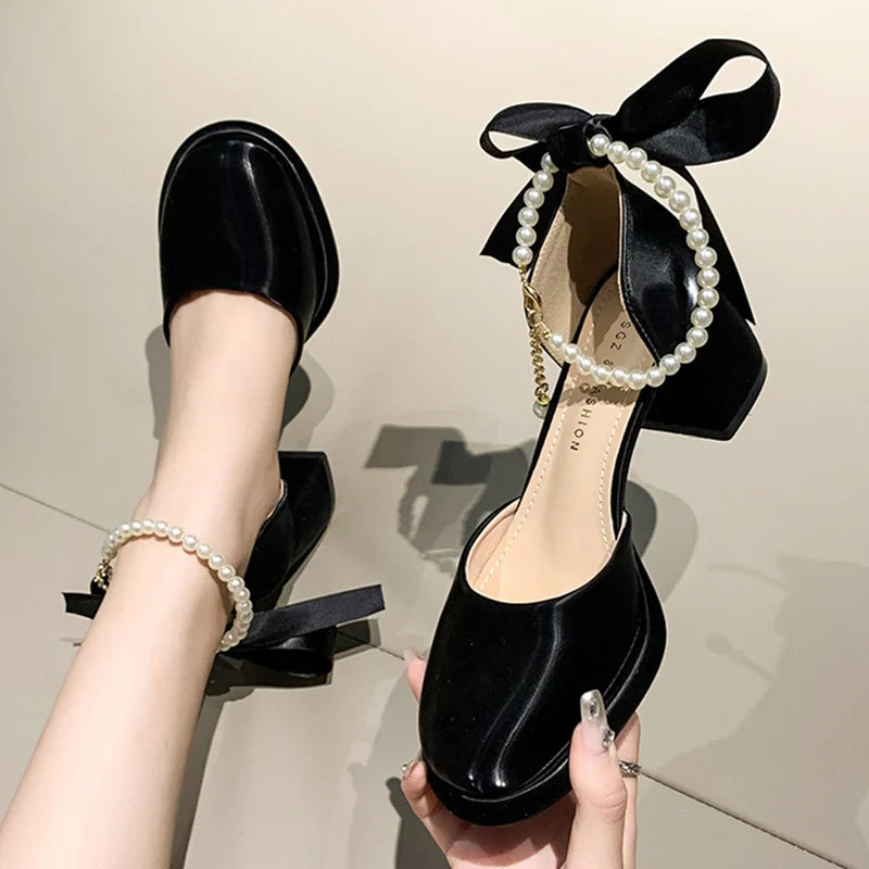Xajzpa Pearl Ankle Buckle Thick Heel Pumps Women Back Bowtie Lace Up Mary Jane Shoes Woman Autumn Platform High Heels Dress Shoes