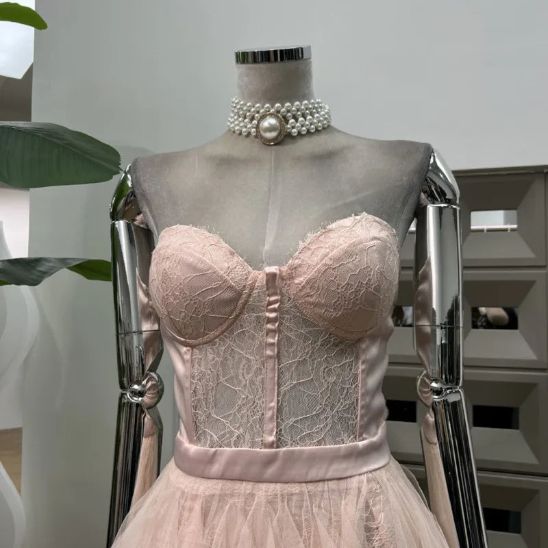 Xajzpa Fashion Lace Mesh Dress Women's Strapless Fake Two Pieces Waist Retraction Dresses 2025 Summer New Tide