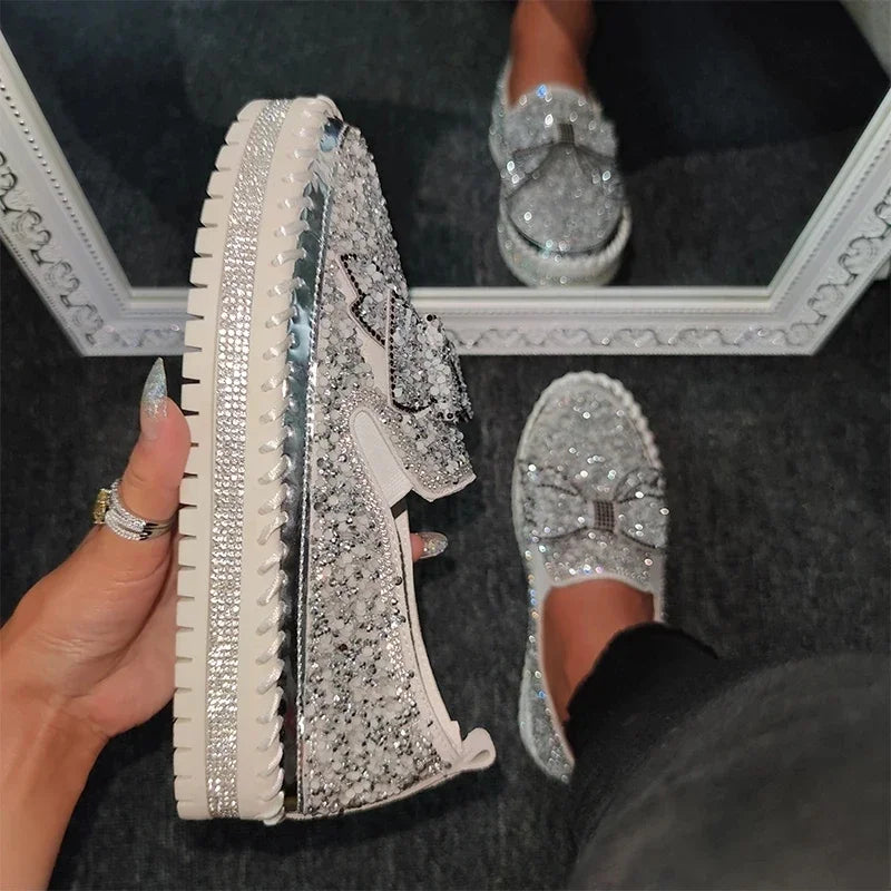 Xajzpa Fashion Rhinestones Woman Shoes Women Shining Rhinestone Slip-on Loafers Bowknot Lazy Casual  Plataforma Mujer