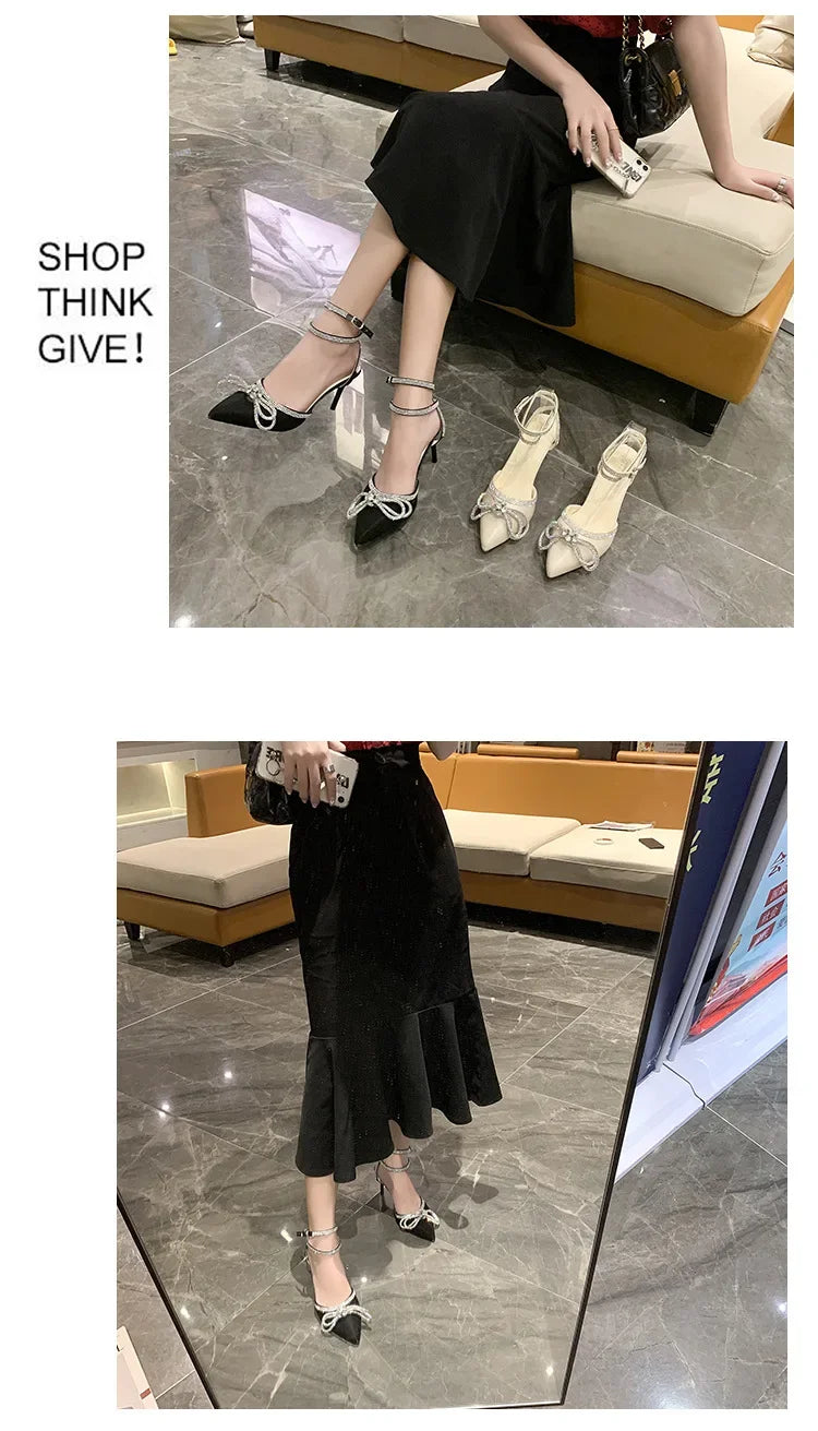 Xajzpa Banquet Dress White High Heels Elegant Temperament Dress Wedding Shoes Rhinestone Pointed Hollow Toe Sexy Sandals for Women