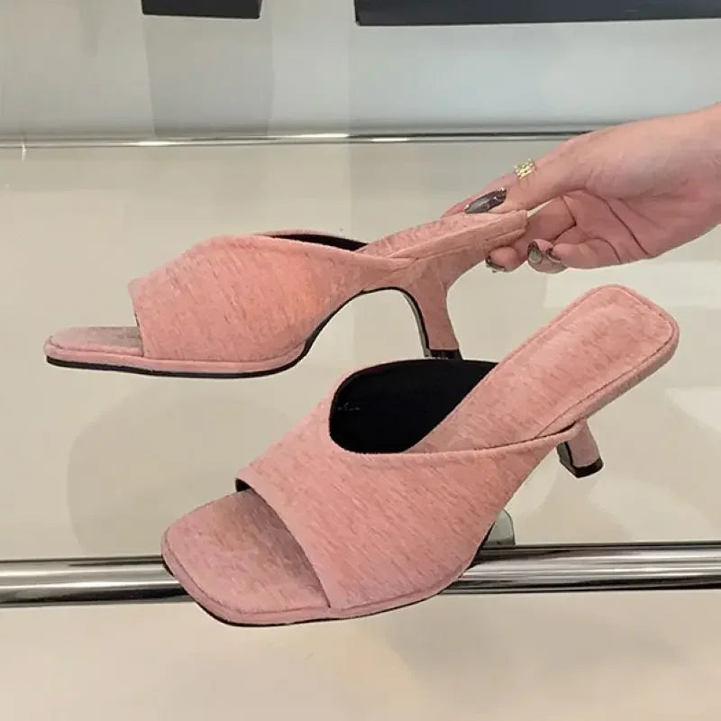 Xajzpa Summer Fashion Square Toe Women Slippers Fashion Thin Low Heels Slide Shoes Elegant Party Dress Zapatos De Mujer