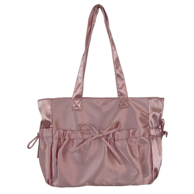 Xajzpa New Product Satin Folded Bow Tote Bag Sweet Advanced Girl Shoulder Bag Fashionable Large Capacity Commuting Underarm Bag