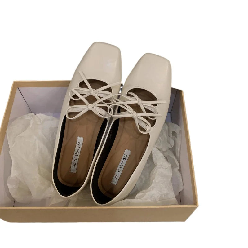 Xajzpa Sweet Double Bowknot Women Mary Jane Shoes New 2024 Square Toe Dress Flat Shoe Ladies Red Soft Sole Shoes Zapatos