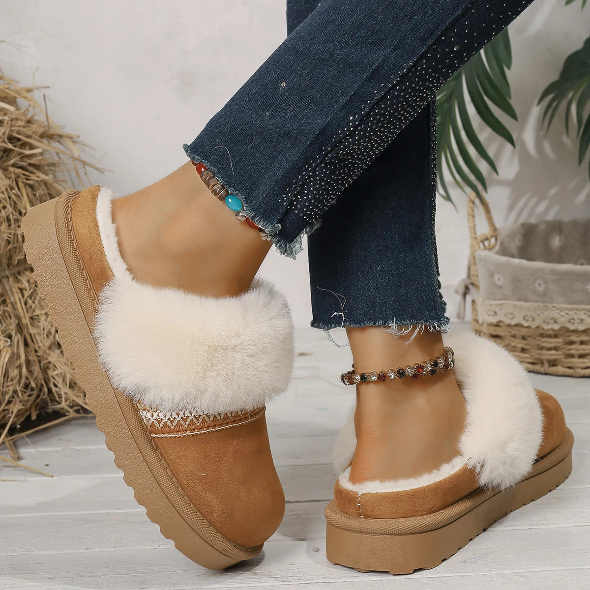 Xajzpa Winter Women Short Plush Warm Snow Boots Casual Cotton half slippers Suede Fur Chelsea Ankle Boots Flats Platform Shoes Botas
