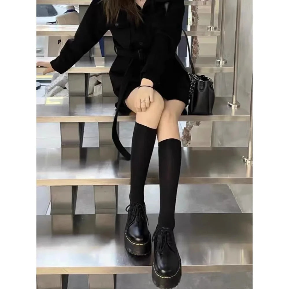 Xajzpa Autumn New Fashion Black Round Head Lace-up Solid Color Womens Loafers Casual Thick Soled Leather Women's Thick Soled Shoes