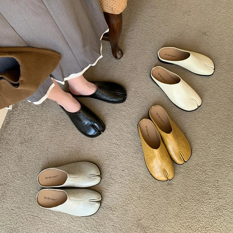 Xajzpa Women Split Toe Fur Slippers Tabi Ninja Slip On Flats Round Toe Shallow Lazy Boat Slingback Mules Shoes Soft Warm Loafe