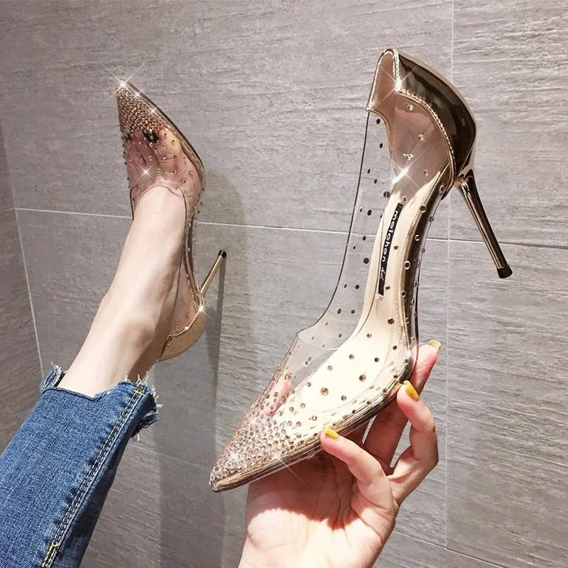 Xajzpa New Luxury Fairy Style Transparent High Heels Thin Heels Pointed Water Diamond Single Shoes Women's Crystal Wedding Shoes
