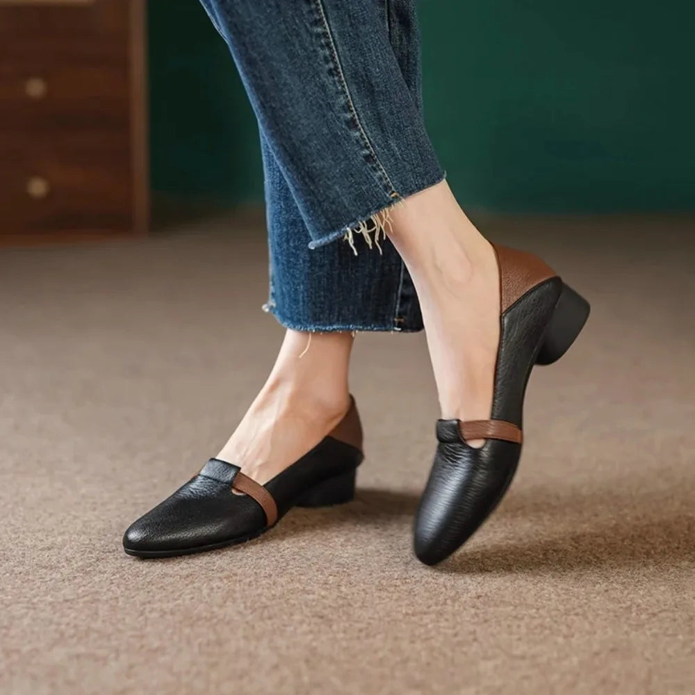 Xajzpa Pumps Women Autumn New Comfortable Versatile Chunky Heel Soft Leather Soft Sole Non-Tiring Slip-On Pointed Toe Low Heel Shoes