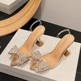 Xajzpa PVC Transparent Women Pumps Sexy Crystal Bowknot Pointed Toe  Slingback High Heels Mules Sandal Female Wedding Prom Shoes