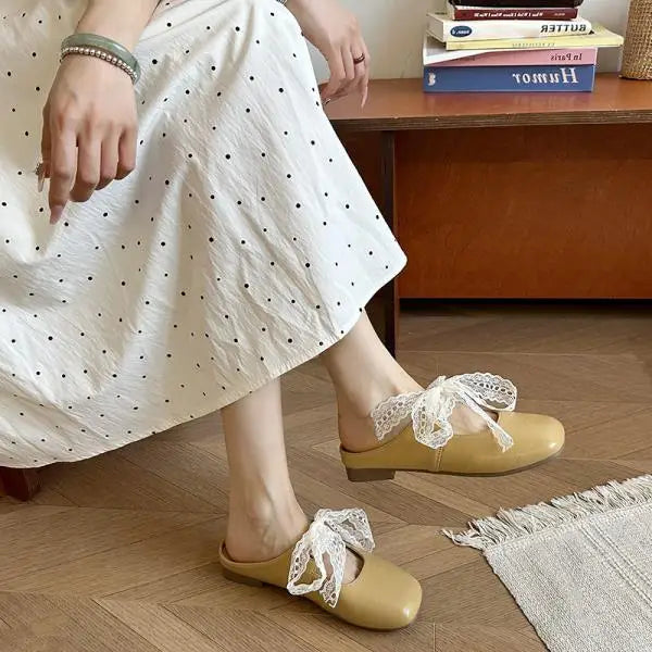 Xajzpa Square heel Slippers Women Summer Shoes Lace Pantofle Slides Cover Toe Block Riband Sweet Shoes Cover Toe Square heel Slipp