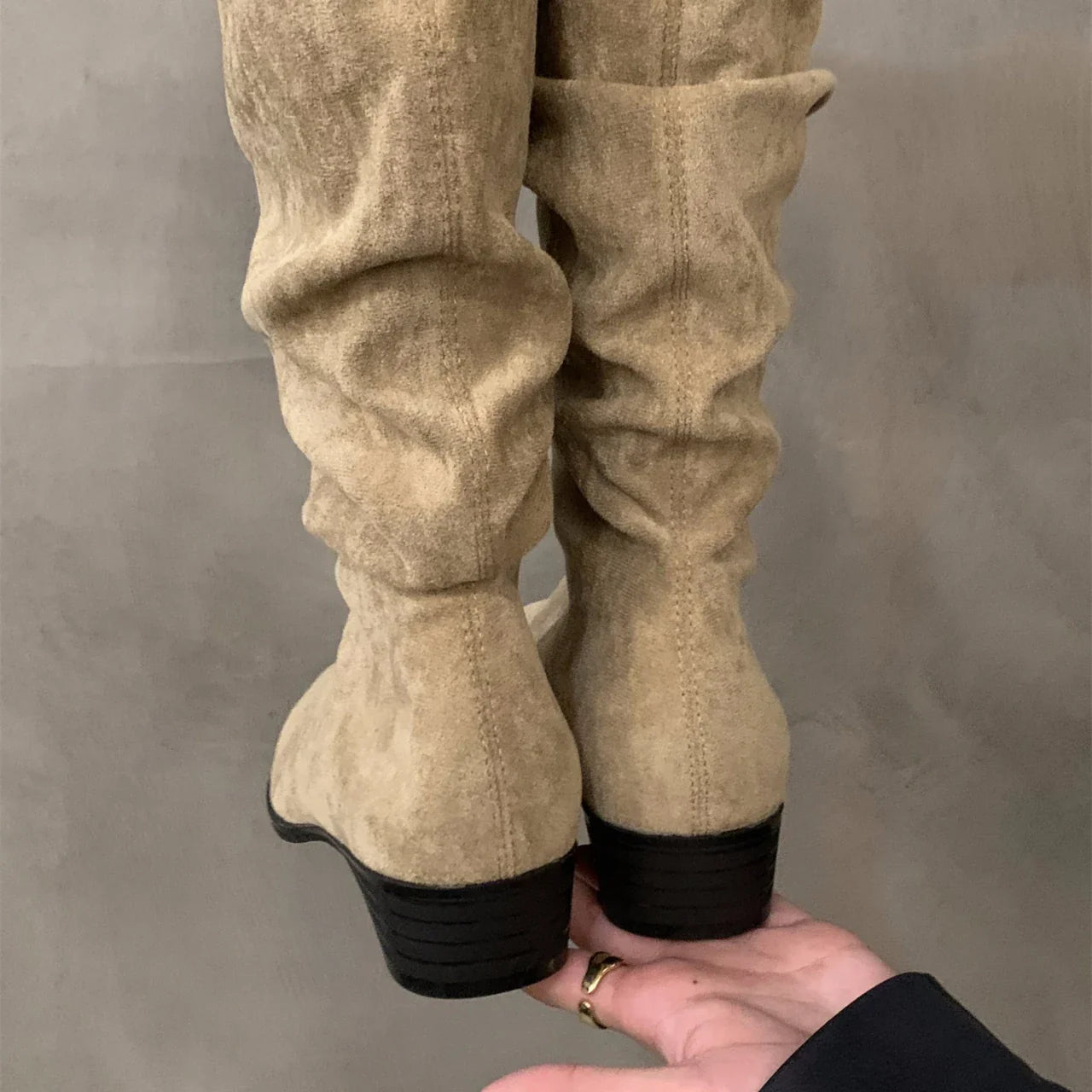 Xajzpa  Women Knee High Boots Autumn Winter Female Shoes Fashion Female Slip-on Folds Low Heel Pointed Toe Long Boots Botas De Mujer