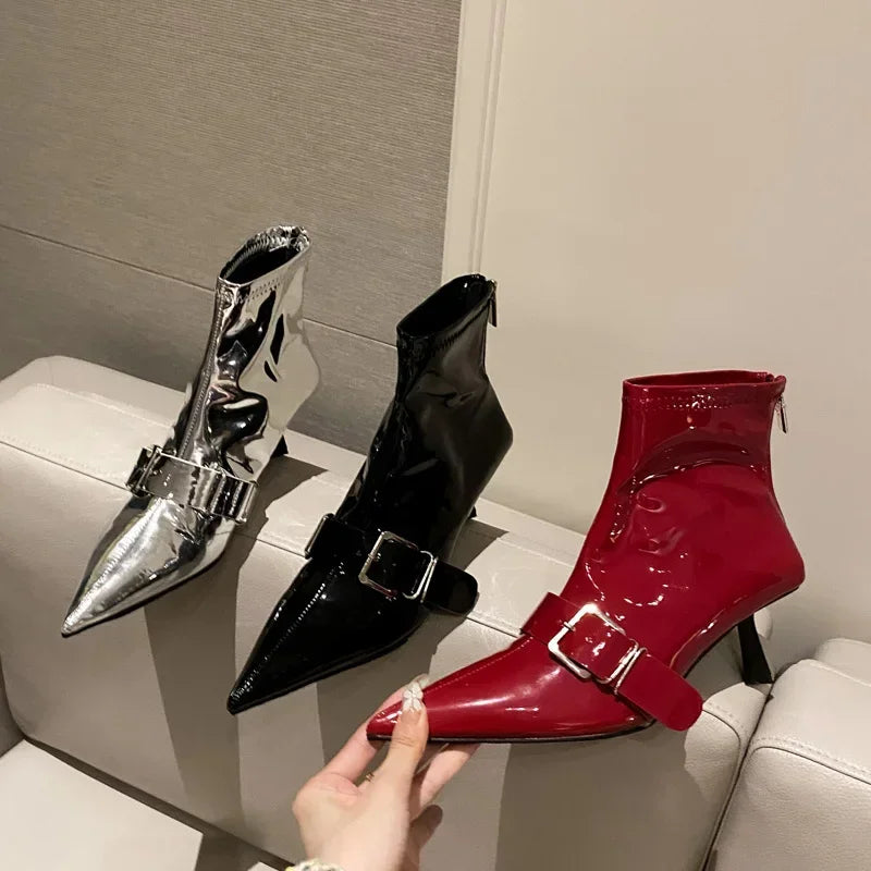 Xajzpa Sexy Pointed Toe Belt Buckle Women Ankle Boots Thin Heels Patent Leather Autumn Zipper Party Shoes