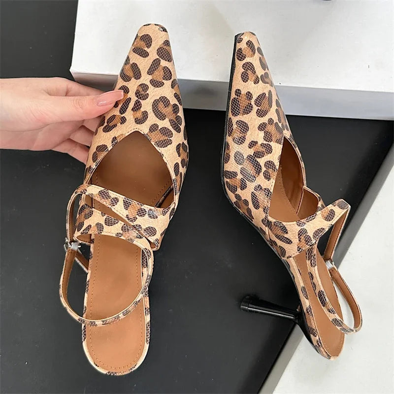 Xajzpa Elegant New Style Leopard Print Buckle Strap Women Pumps Pointed Toe Thin High Heels Banquet Dress Ladies Shoes