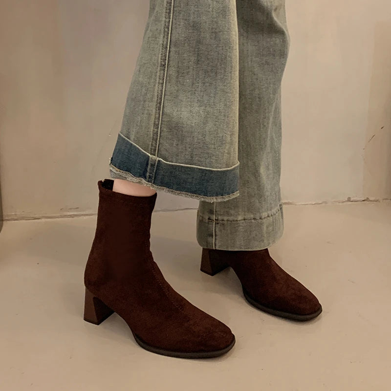 Xajzpa New Style Women's Ankle Boots Square Heel Platform Boots Women Sexy High Heels Shoes Winter Casual Fashion Boots Shoes for Women