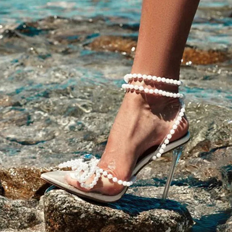 Xajzpa Sexy White String Bead Women Transparent High Heels Summer Fashion Butterfly-Knot Clear Sandals Pointed Toe Shoes Pumps
