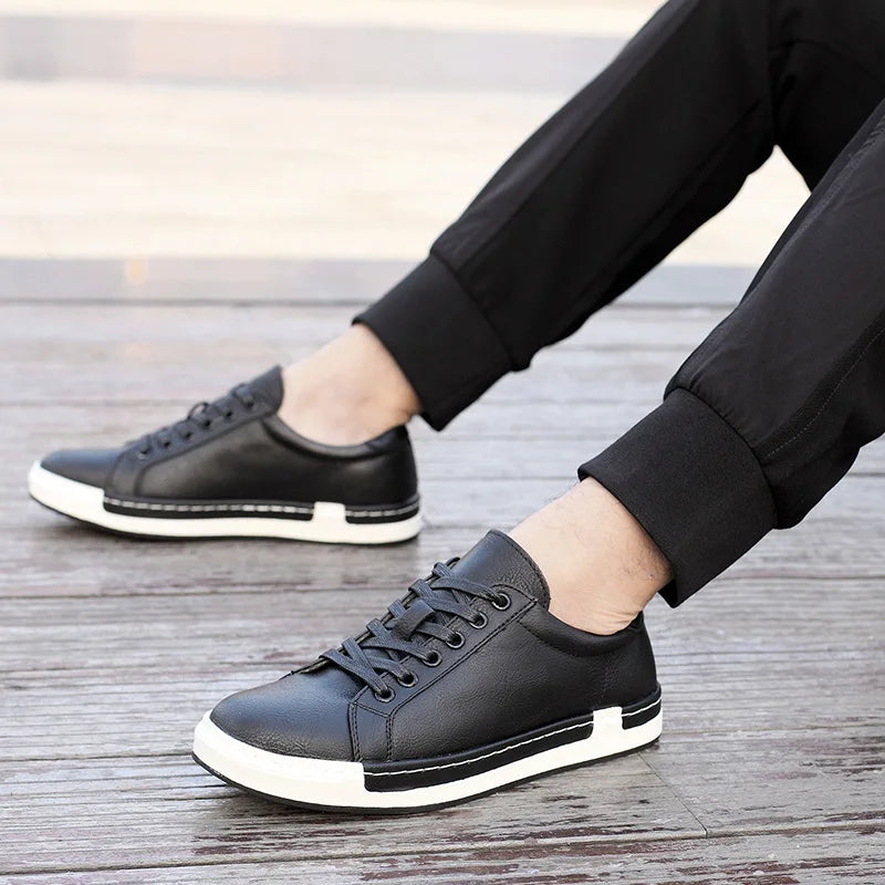 Xajzpa Men's Casual Leather Shoes for Men Fashion Four Seasons Breathable Lace-up Athletic Shoes Shallow Skate Shoes Large Sizes 38-48