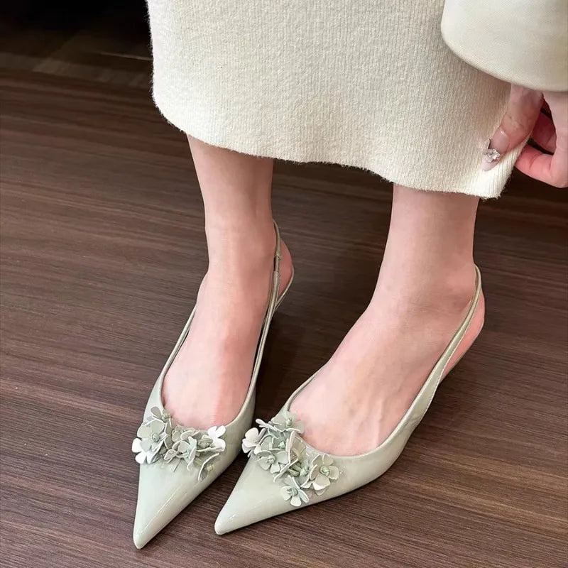 Xajzpa New Style Women's Spring Green Flower Pointed Elegant High Heels for Women Fashion Shallow Mouth Slingbacks Sandals Casual Pumps