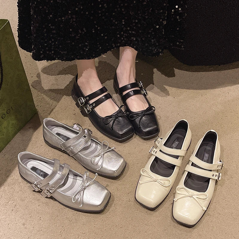 Xajzpa New Style Women's Square Toe Shoes Luxury Bow Flats Ladies Ballet Silver Belt Buckle Footwear Elegant Fashion Mary Jane Shoes