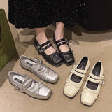 Xajzpa New Style Women's Square Toe Shoes Luxury Bow Flats Ladies Ballet Silver Belt Buckle Footwear Elegant Fashion Mary Jane Shoes