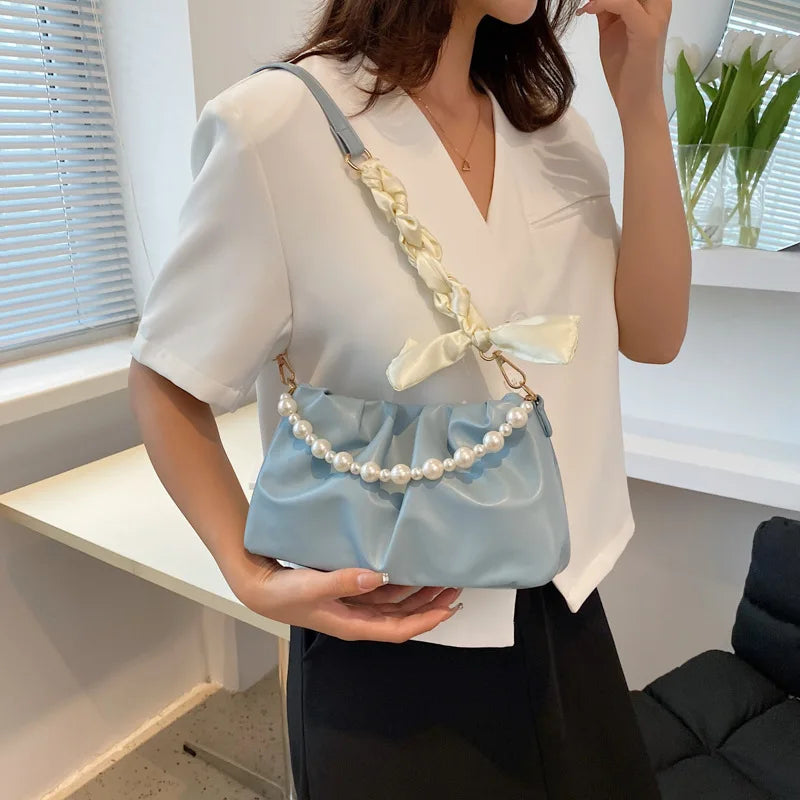 Xajzpa Fashion Pleated Crossbody Shoulder Bag Fashion Cloud PU Leather Small Handbags Purse Women Pearl Luxury Design Underarm Bags