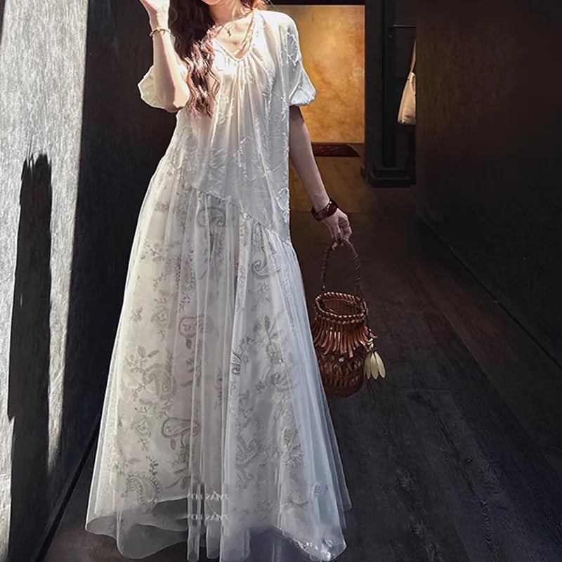 Xajzpa Fashion Lace Mesh Dress Women's V Neck Short Sleeve High Waisted Patchwork Dresses 2025 Summer New Tide