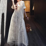 Xajzpa Fashion Lace Mesh Dress Women's V Neck Short Sleeve High Waisted Patchwork Dresses 2025 Summer New Tide