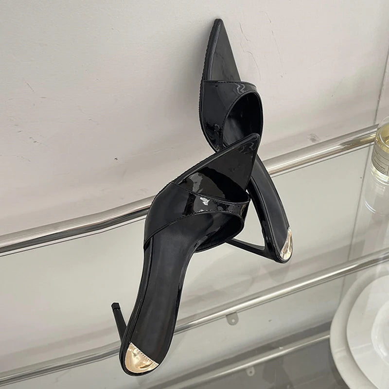 Xajzpa Summer Fashion Low Thin Heels Women Slippers Gladiator Sandals Cozy Patent Leather Pointed Toe Slip-On Slides Shoes Mules