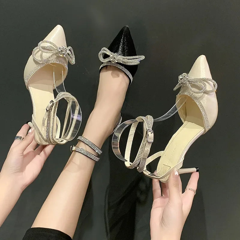Xajzpa Banquet Dress White High Heels Elegant Temperament Dress Wedding Shoes Rhinestone Pointed Hollow Toe Sexy Sandals for Women