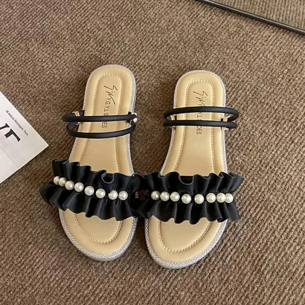 Xajzpa Slippers Women Summer Luxury Slides String Bead Flat Shoes Female Pantofle Designer Soft 2025 Scandals Slippers Women Summer Sli
