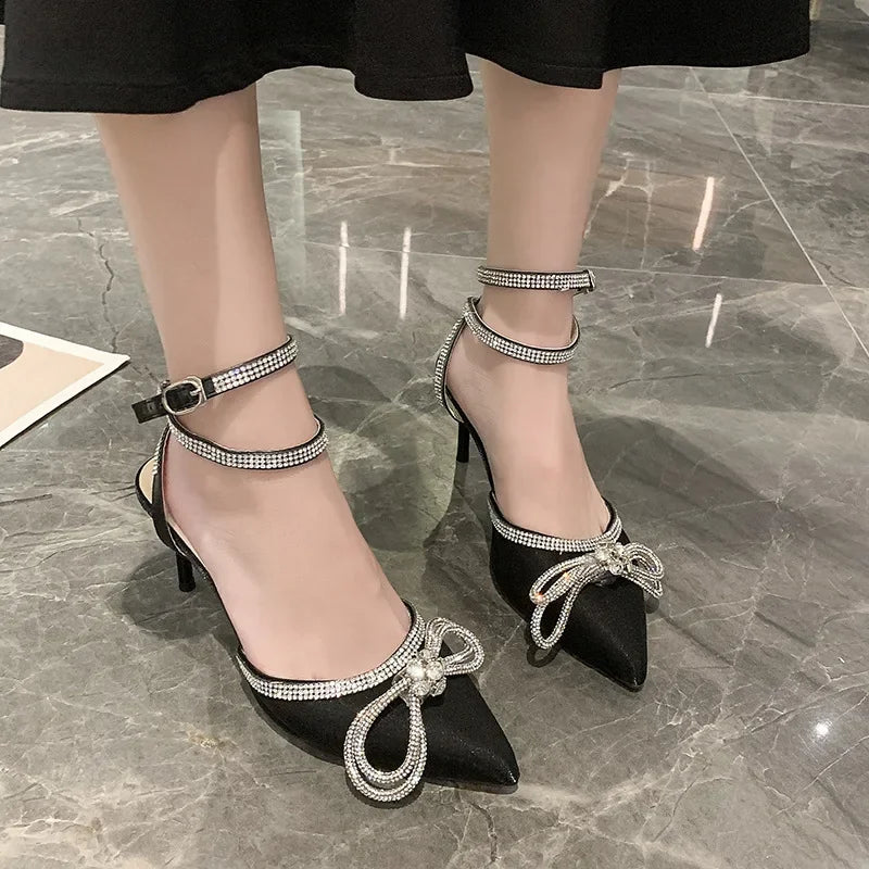 Xajzpa Banquet Dress White High Heels Elegant Temperament Dress Wedding Shoes Rhinestone Pointed Hollow Toe Sexy Sandals for Women