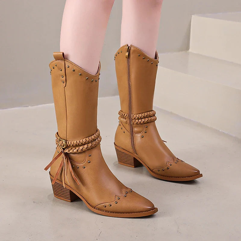 Xajzpa New Faux Leather Retro Western Boots Women Rivet Belt Buckle Mid Calf Boots Square High Heels Punk Cowboy Boots