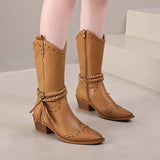 Xajzpa New Faux Leather Retro Western Boots Women Rivet Belt Buckle Mid Calf Boots Square High Heels Punk Cowboy Boots