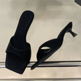 Xajzpa Summer Silk Square Toe Slippers Women Fashion Buckle Strap Stiletto Low Heels Beach Sandals Slide Shoes Zapatos De Mujer