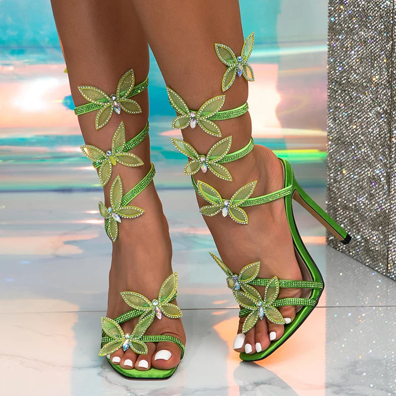 Xajzpa Summer Fashion Crystal Butterfly Ankle Strap Sandals Women Wedding Banquet Shoes Sexy Square Toe Green High Heels Size 42
