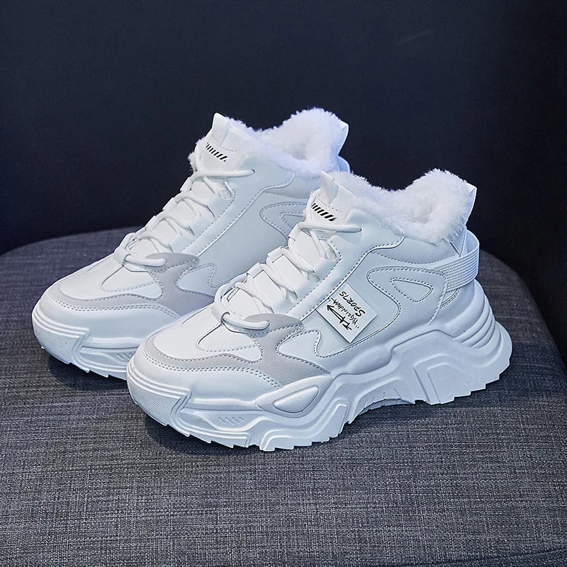 Xajzpa Fashion Platform Sneakers for Women Winter Thick Bottom Lace Up Walking Shoes Ladies Comfort Non Slip Sports Warm Cotton Shoes