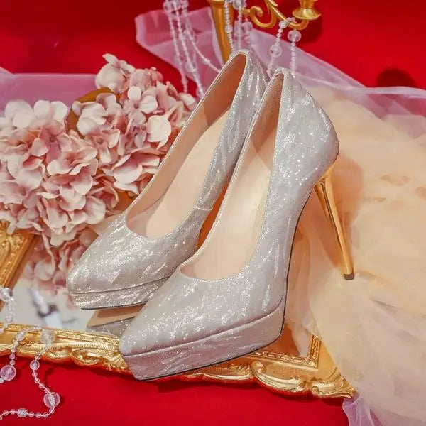 Xajzpa Platform Heels Latest Bridal Shoes Sandals Ladies Women's Bride Beige Crystal African Pumps High Bridal Shoes Platform