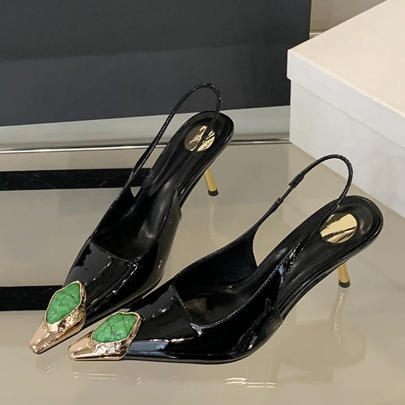 Xajzpa Fashion Design Inlay Gems Pointed Toe Patent Leather Sexy Slingback Sandals Women Pumps High Heels Wedding Banquet Shoes
