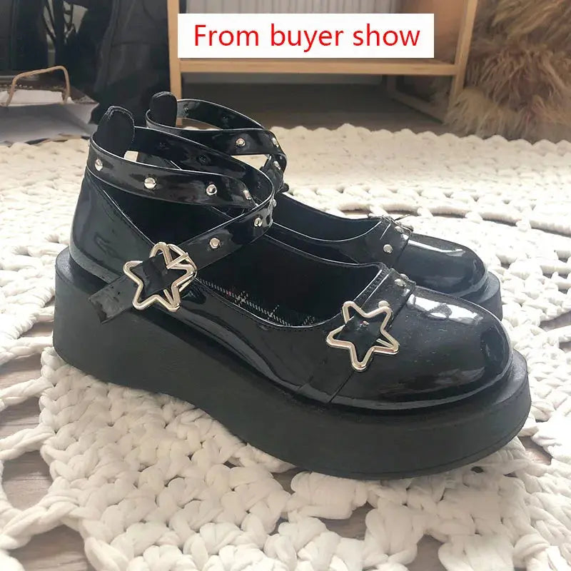 Xajzpa  Shoes Lolita shoes Women heels platform mary janes Star Buckle Strap Mary Janes Women Cross-tied Girls Rivet Casual kawaii shoes