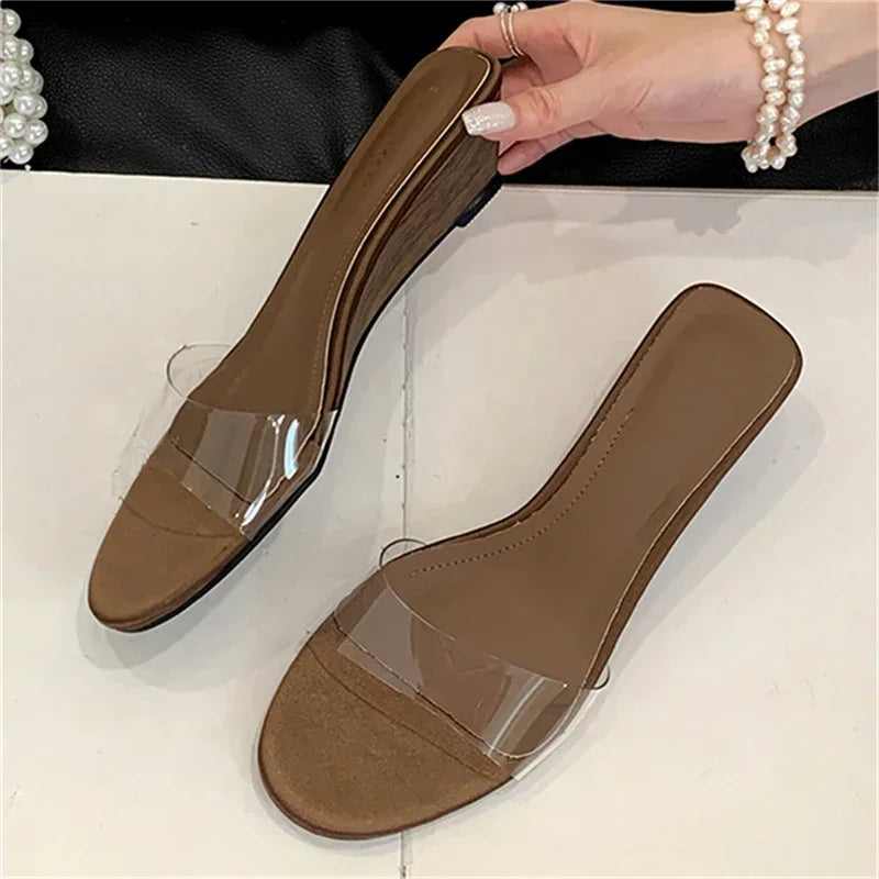 Xajzpa New Summer PVC Transparent Wedges Open Toe Women Slippers Low Heels Banquet Dress Beach Female Shoes