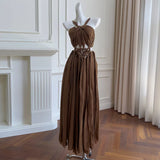 Xajzpa Fashion Women Dress Sleeveless Halter Solid Color Female Vacation Beach Party Dresses New Tide