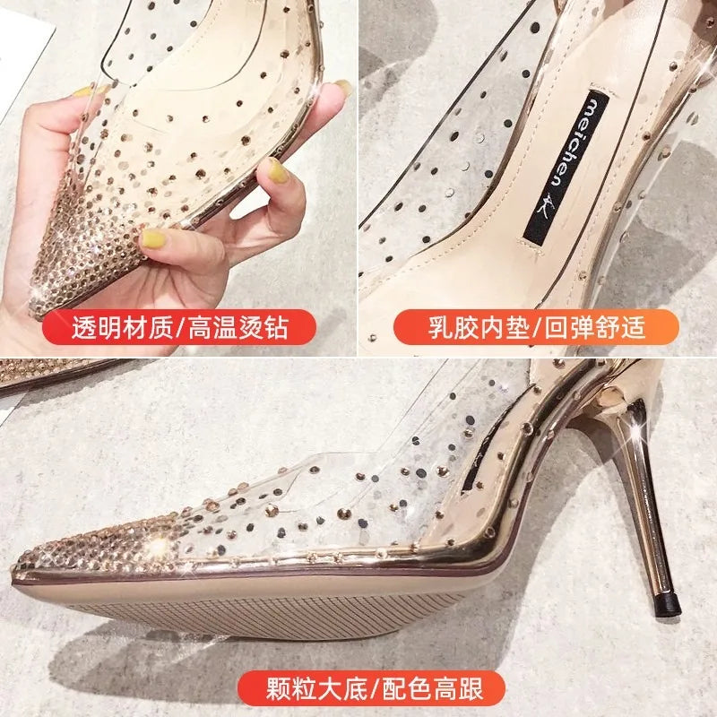 Xajzpa New Luxury Fairy Style Transparent High Heels Thin Heels Pointed Water Diamond Single Shoes Women's Crystal Wedding Shoes