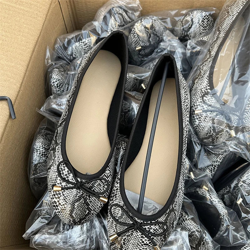 Xajzpa Spring Autumn New Round Head Bow Flat Bottom Ballet Single Shallow Mouth Women's Shoes Size 35-42