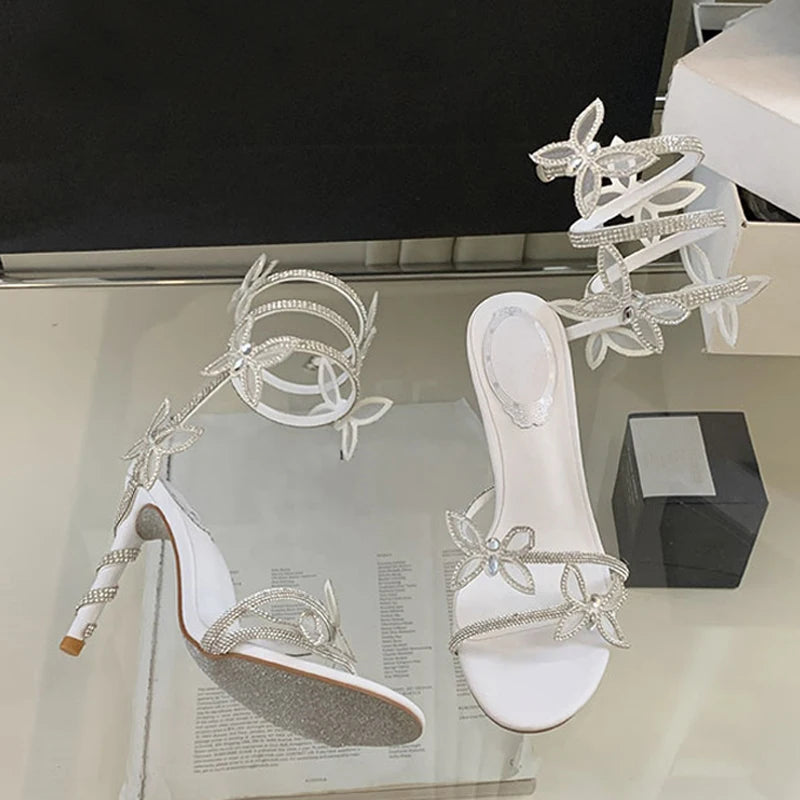 Xajzpa Designer Green High Heels Gladiator Sandals Women Fashion Rhinestone Butterfly Ankle Snake Twine Around Party Prom Shoes