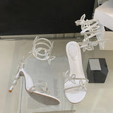 Xajzpa Designer Green High Heels Gladiator Sandals Women Fashion Rhinestone Butterfly Ankle Snake Twine Around Party Prom Shoes